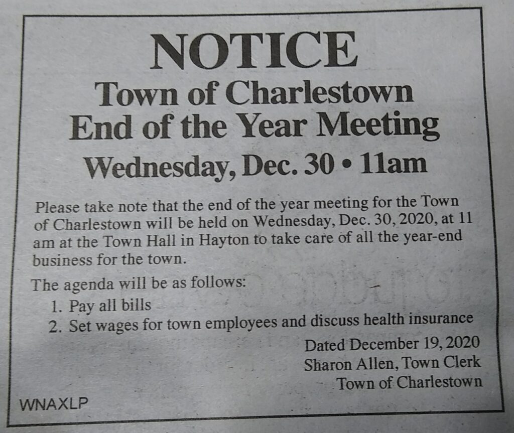 End of Year Meeting – 11 am Start – Town of Charlestown